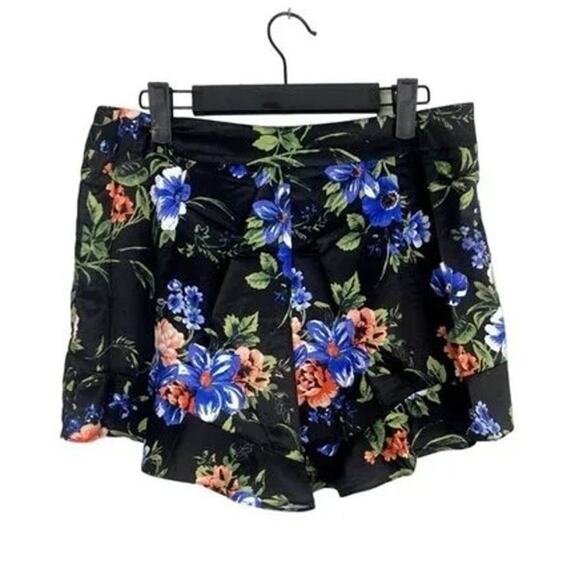 NWT Cute Floral Print Ruffled High Waist Silky Feel Button Zip Up Shorts L Black - Picture 10 of 15